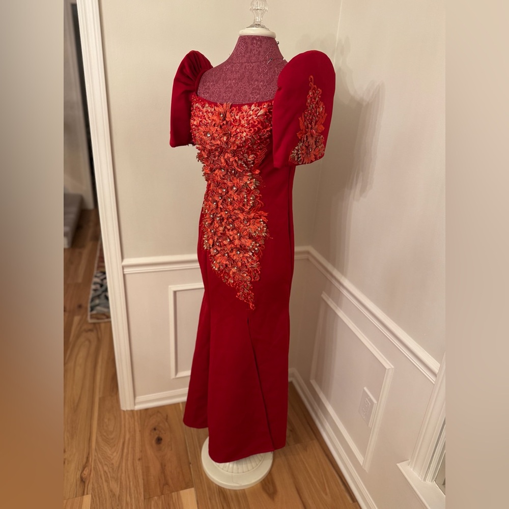 Elegant Red Floral Filipiniana Dress
